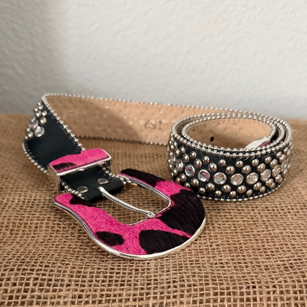 Pink and Black Leopard Print Belt with Silver Accents BB Simon